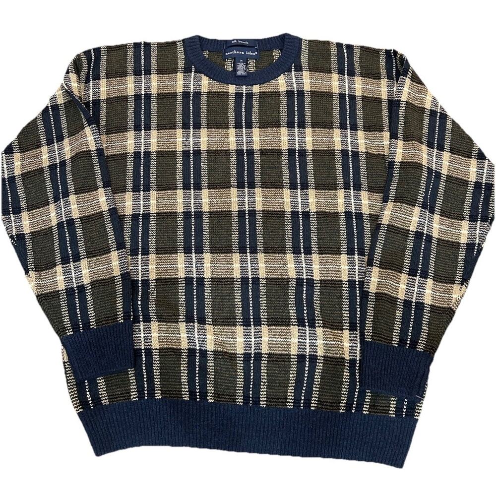Vtg Northern Isles Sweater Mens Medium Blue Plaid Silk Boucle Silk Blend Grandpa